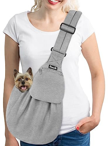 SlowTon Hundetragetasche, Haustier Hundetasche mit verstellbarem, gepolstertem Schultergurt und Fronttasche Tragetasche Hund für Spaziergang Aktivitäten im Freien und Ausflüge(Grau-Pullover Stoff)