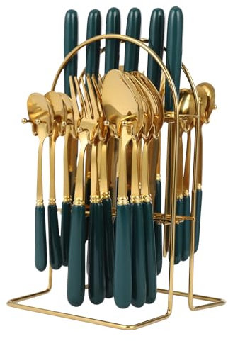 GCIUEMMH Stainless Steel Cutlery Set 24Pcs Flatware Set with Stand-Mirror Polishing Tableware Service for 6 (Knives, Forks, Spoons & Coffee Spoons) - Dishwasher Safe for Home (Gold+ Dark Green)