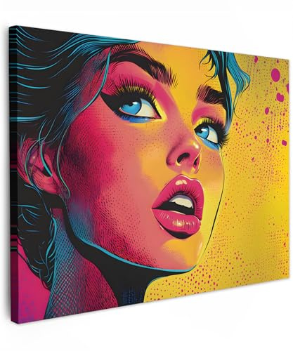 MuchoWow© Bilder Wohnzimmer Deko Modern Wandbild Kunstdruck auf Leinwand | 70x50 cm - Bild Schlafzimmer über Bett Room Decor Geschenke Nahaufnahme - Gesicht Einer Frau - Tupfen - Gelb