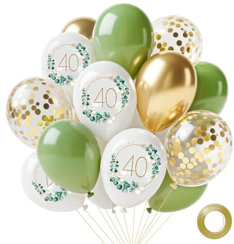 Tookala 40. Geburtstag Luftballons Grün, 15 Stück Salbei Grün Gold Weiß Konfetti LuftBallons, 40th Happy Birthday Ballons, Geburtstag deko Jubiläum Partydeko Mädchen Frau