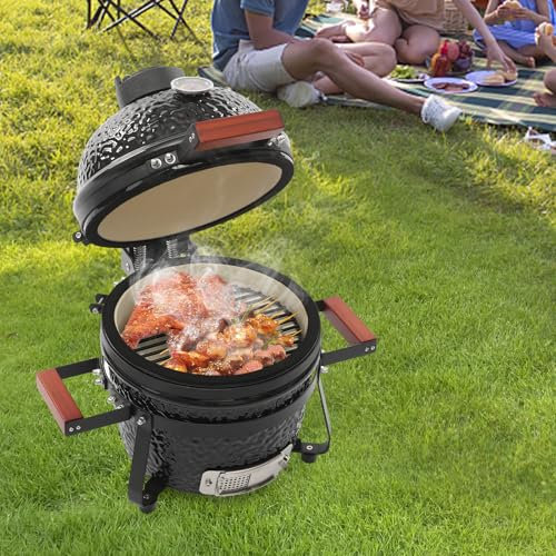 Keramikgrill Holzkohlegrill Ø 32 cm mit Thermometer, Lüftung & Holzgriffen, 2-in-1 Mini BBQ Kugelgrill Smoker Ceramic Grill für Garten, Balkon & Camping