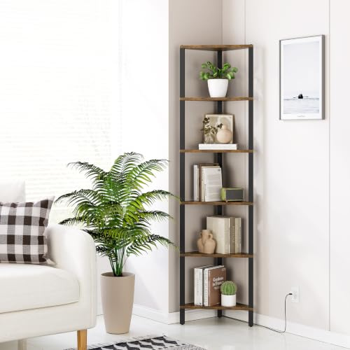 TUTOTAK Corner Shelf, 6-Tier Corner Bookshelf for Small Space, Narrow Display Corner Shelf Stand with Storage Rack, for Living Room, bedroom, Rustic Brown BS05BB006EU