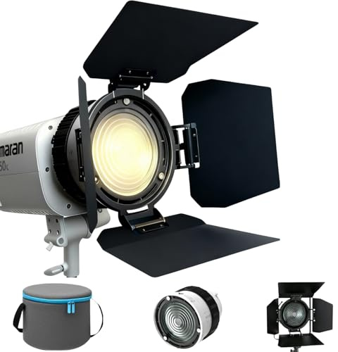 10X Bowens Mount Fresnel Lens with 4-Leaf Barn Doors, 10°–45° Focusable Beam Zoom Lens, for ≤200W COB Video Light, Compatible with Godox SL60 SL60W, Amaran 60D 150C 200X 200X S, for Studio Lighting.