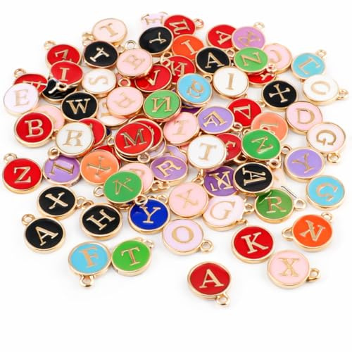 Nexlynk 104 Stück Emaille Buchstaben Anhänger Alphabet A Z Mehrfarbig Doppelseitig Metallbuchstaben Charms Set für DIY Schmuck Herstellung Halskette Armband
