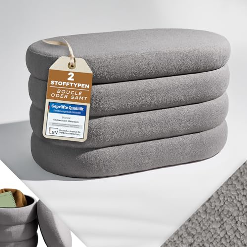 Blumtal Sitzbank mit Stauraum oval, Bouclé-Bezug - robuste Sitztruhe mit Stauraum & Bouclé-Stoff-Bezug extra weich 76 x 42 x 42.5 cm - Ottoman Grau