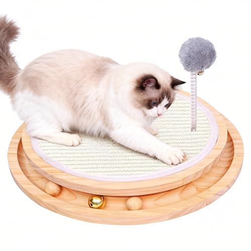 3-in-1 Katzenkratzer, Kratzbrett mit Natürlicher Sisalmatt, Interaktives Katzenspielzeug Holz Kugelbahn mit Glocken Ball und 3 Beweglichen Bällen, Kratzmatte zum Spielen und Entspannen 32x32x4.5cm
