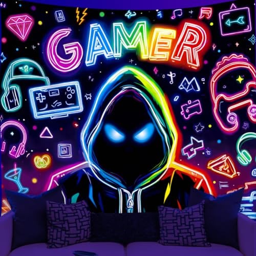 WEBEEDY Gamer Blacklight Wandteppich Anime Neon Wandbehang UV Reaktiv Leuchten Im Dunkeln Coole Gamer Poster Für Die Schlafzimmer Gamer Dekoration Fotohintergrund 150x130cm