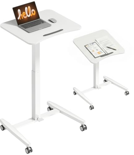 HOMCOM Laptoptisch Höhenverstellbar mit Rollen 60x52cm Tischplatte Weiß | Bestelltisch, Schreibtisch, Neigbarer, Computertisch mit Sicherheitsstopper, Mobiler Stehpult Pneumatisch, für Büro, Sofa