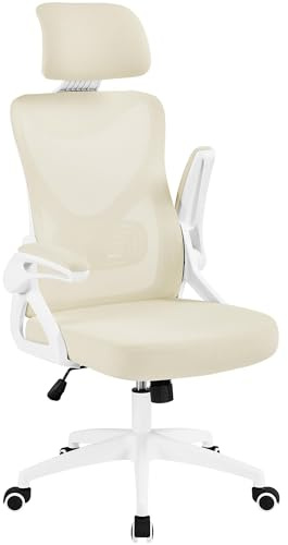 Yaheetech Ergonomic High Back Padded Office Chair with Lumbar Support Beige | Space-saving flip-up arms & adjustable height, smooth 360 swivel wheels for long-hour desk work and student home study