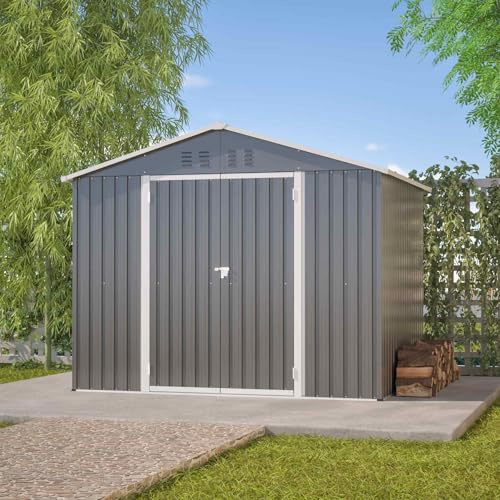 YEHTOKHOME 8x6FT Abri de Jardin en Métal 240.4x192.3x191 cm,cabane de Jardin avec Portes coulissantes et Ventilation,cabanon Rangement Outils,pour Jardin et Stockage (Gris-A)
