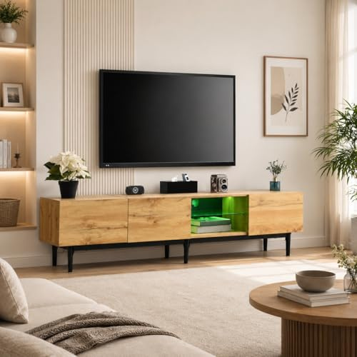 OLIVIBED TV Stand Cabinet with 3 Doors and Shelves, TV Unit for TV Up to 85 Inch, Wooden TV Console with Storage, Entertainment Centre for Living Room, Bedroom, Natural color