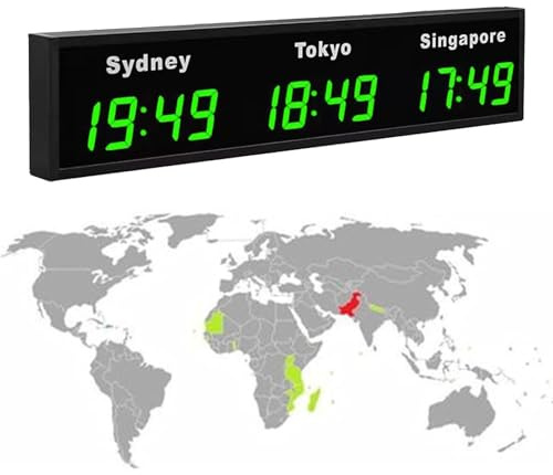 MYFTNP Reloj Mundial Digital Led Grande, Reloj Mundial De Pared con 3/4/5 Zonas Horarias, Ideal para Hoteles Y Corporaciones Multinacionales Green 3City
