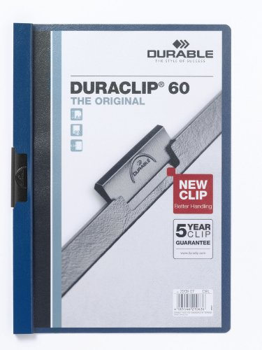 Durable 223807 Duraclip 60 Retail, Cartellina con Clip per Archiviare Documenti, Capacità 1 - 60 Fogli, Formato A4, Confezione da 5 Pezzi, Blu