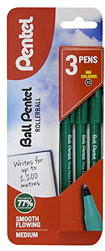 Pentel R50 Rollerball Pen, Green Barrel - Black Ink - 1 Blister Card of 3 Rollerballs, XR50/3-A