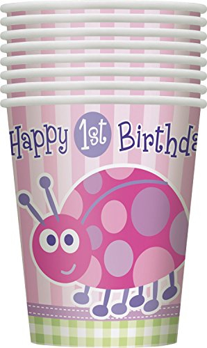 Unique Party- Vasos de Papel: Primer Cumpleaños de Mariquita, 8 Unidades, Color rosa, 266 ml (40396) , color/modelo surtido