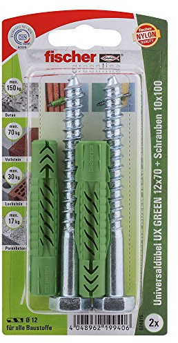 Fischer Universaldübel UX Green 12x70 S K, 2 x 6-kt-Schraube 10 x 100, 524815