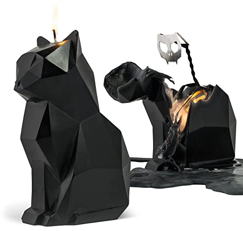 Pyropet Kisa Cat Candle with Skeleton Inside, Black, 20 to 25 Hour Burn, 6.7 x 2.9 x 4.5 in Sculptural Geometric Kitty and Creepy Cute Décor, Unique Melting Christmas Gift for Cat Lovers