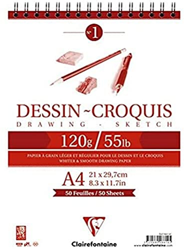 Clairefontaine 96614C Bloc Spiralé en-tête Papier Dessin Croquis - 50 Feuilles Papier Dessin au Grain Très Léger - A4 21x29,7 cm 120g - Idéal pour le Dessin et Croquis au Crayon, Feutre et Fusain