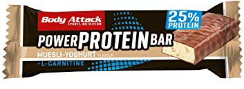 Body Attack POWER PROTEIN BAR Muesli-Yoghurt, 24 x 35 g - Fitness Protein Riegel fettarm - Eiweißriegel mit wichtigen Vitaminen, L-Carnitin & 25% hochwertigem Milcheiweiß - Made in Germany