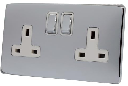 Discount Electrix 2 Gang Plug Socket Polished Chrome Screwless Flat Plate Design with White Insert