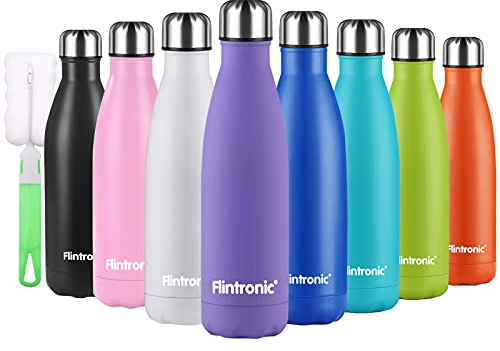 flintronic Botella Termica, 500ML Botella de Agua de Acero Inoxidable, Aislamiento de Vacío de Doble Pared, Botellas de Frío/Caliente Sin BPA & Eco Friendly, con 1 Portavasos y 1 Cepillo