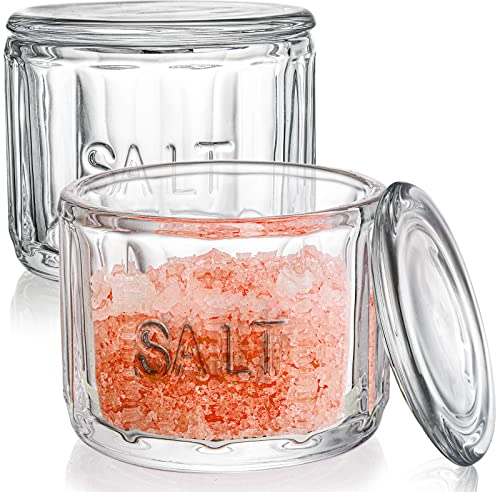 Nicunom 2 Stück Salztopf mit Deckel aus Glas 300ml Salzbehälter Salzstreuer Salzdose Vorratsbehälter Salzkeller mit Deckel Salz Aufbewahrungsbehälter Salz Box Retro Stil Transparent (9,5 x 8 cm)