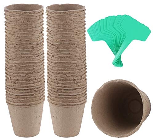 Coolty 60 macetas de turba de 3 pulgadas, macetas biodegradables, macetas de semillas para trasplantes, macetas para plantas, hierbas, flores, verduras con 60 etiquetas para plantas