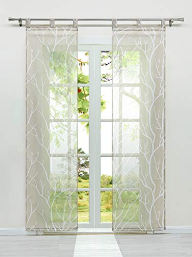 HeichkelL Transparente Schiebegardinen 2er Set Schlaufen Voile Flächenvorhang Druckmuster Schlaufen Schiebevorhang Zubehör Beschwerungsstange HöhexBreite 225x57 cm Sand