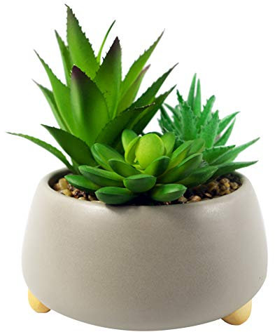 Leaf Pot de Fleurs en céramique avec Plantes artificielles, Trois Plantes Grises, 12 cm