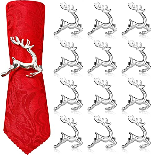 LATERN 12Pcs Christmas Reindeer Napkin Rings, 6CM Silver Deer Napkin Holders Reindeer Napkin Buckle for Christmas Lunch Thanksgiving Party Holiday Wedding Table Decoration