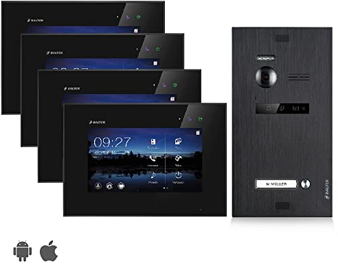 Balter EVO Video Türsprechanlage, Touchscreen, 7 Zoll Monitor Schwarz, 2-Draht Bus, Schwarze Türstation für 1 Familienhaus Türklingel, 150° Weitwinkel-Kamera (4 Monitore, Mit App)