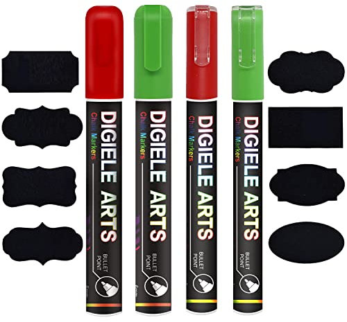 DIGIELE Kreidestift Rot + Grün, 2 Kreidestifte 3mm + 2 Kreidemarker 6mm + 16 Tafel Labels, Trocken oder Feucht Abwischbare Flüssigkreide, Reversibel Stiftspitze für Whiteboard, Tafel, Fenster & Glas