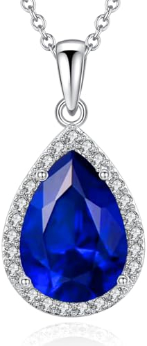 VONSSY Damenkette Edelstein Anhänger Halskette | Oval Teardrop Birne Kristall Rubin Smaragd Saphir Birthstone Halskette | Platin-Silber-Schmuckgeschenk (Saphir Blau)