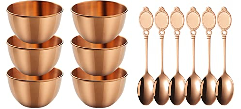 maiwalk Rose Gold Stainless Steel Dipping Bowl with Spoons 3.35 inch 6 Spoons 6 Bowls Set Round Seasoning Small Sauce Cups Dip Ice Cream Dessert Bowls Serving Dishes Bowls for Cereal Snacks Appetizer