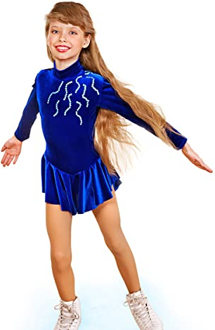 kzytamz Tanzkleid Samt Kürkleider Eiskunstlauf,Eiskunstlauf-Kleid Für Mädchen Und Damen Eisrock, Wettkampf-Training, Performance-Kleidung (XS,Blue)