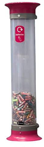 Glasdon C-Thru 15L Battery Recycling Bin Battery Recycling Tube (Magenta) | Clear, graphic, Durable, Heavy duty Polycarbonate Battery Recycling Bins, Top & bottom handles, Screw-on removable funnel lid