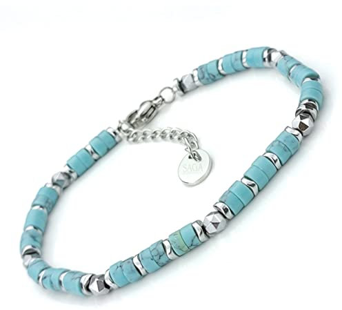 SAGA GIOIELLI® Bracciale Uomo Rondelle Pietre Dure Acciaio (PASTA TURCHESE)