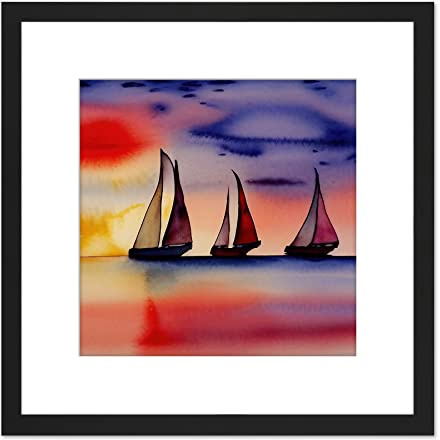 Artery8 Three Boats Sailing Along the Horizon at Sunset Seascape Watercolour Painting Pinks Purple Square Wooden Framed Wall Art Print Picture 8X8 Inch