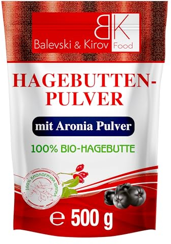100% Bio Glutenfrei Hagebuttenpulver mit Vitamin C und pflanzlichen Omega-3- und 6-Fettsäuren für Darmgesundheit, Immunsystem und Kollagen (500, Hagebutte & Aronia)