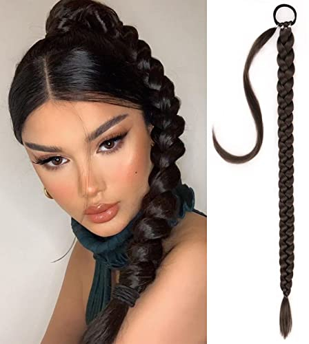 Braid Extensions Ponytail Extension, Einflechten Lang Ponytail, Zopf Extension mit Haargummi, 85CM Braid Extensions Pferdeschwanz, Kunsthaar für Frauen, Geflochtener Zopf Haarteil (Schwarz Braun)