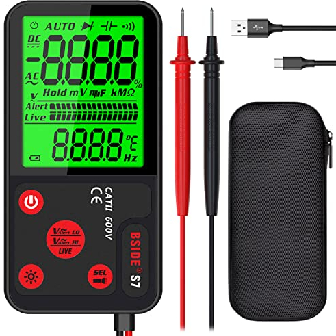 BSIDE Wiederaufladbare Smart Multimeter Elektrischer Tester Intelligente Messung Ultra-Slim Großes LCD 3 Ergebnisse Display Multifunktions-Spannungsprüfer mit NCV Taschenlampe und Tasche