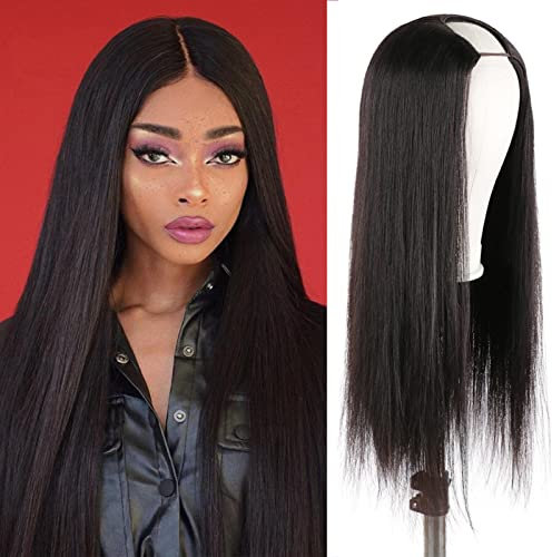 DaiMer Pelo humano recto, sin salir, sin pegamento, 100% sin procesar, 2 x 4 U Part, pelucas para mujeres negras, 130 % clip de alta densidad en medio de 24 pulgadas, color natural