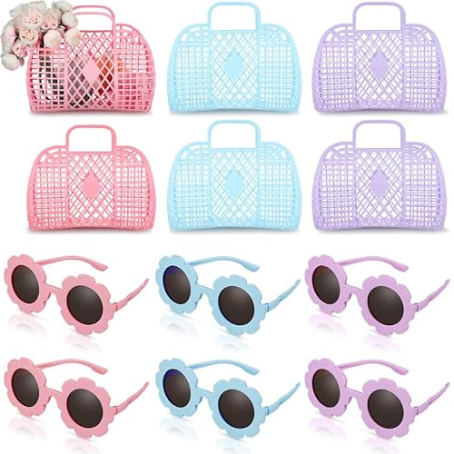 Sweetude 6 Sets Gelee-Tragetaschen mit Blumen-Sonnenbrille für Mädchen und Frauen, Kunststoff, wiederverwendbar, Gelee-Beutel, Gelee-Geldbörse, Blumen-Gläser