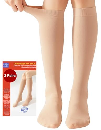 2 Paires Medicale Bas de Contention Femme et Homme 20-30mmhg Classe 2, Soutien Graduel Chaussettes de Contention pour Les Varices, l'œdème, Vol de Voyage (2x Beige, M)