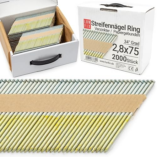 Lun Fix 34° Grad Ringschaftnägel 2,8 x 75 mm | Packung 2000 Stück | D-kopf-Nägel für Akku-Nagler | Gasnagler | Papiergebunden | für Druckluftnagler | Extra Verzinkt.