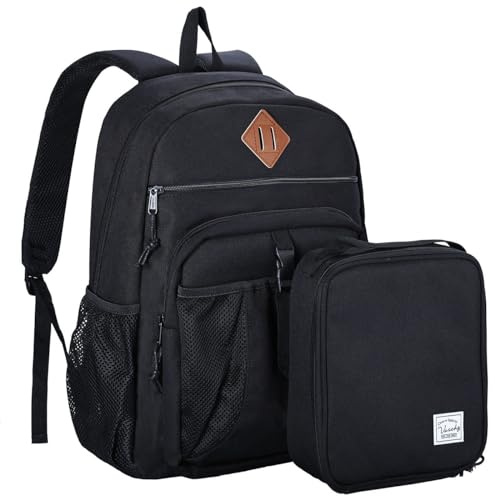 VASCHY Cartable Fille Garçon Primaire, Poches Multiples 2 en 1 Set de Sac à Dos Enfant Scolaire 6 à 9 Ans Grande Capacité Sac d'École avec Sac Repas pour Voyage Randonnée Noir