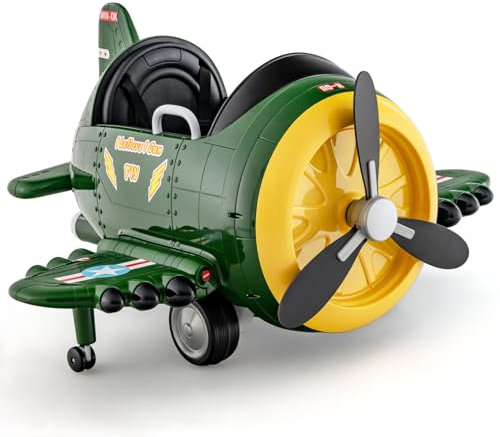 COSTWAY Kids Electric Ride on Car, 12V Battery Powered Airplane Toy with Joysticks, Remote Control, Folding Airfoils, Rotary Propeller, Lights, Sounds, Gift for Aged 3+ Years Old (Green + Yellow)