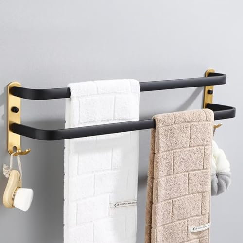 nvdsivee Portasciugamani da Parete in Alluminio Porta Asciugamani Moderno Semplice Porta Salviette con 2 Ganci Portasciugamani Scaffale per Bagno Cucina Toilette Hotel Oro Nero 2 Strati 60cm