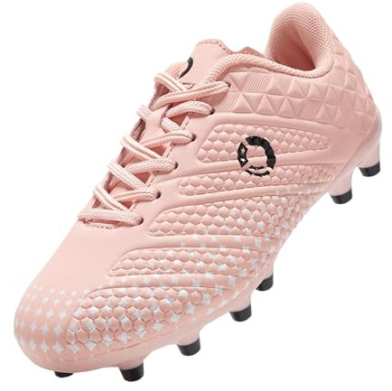 LEOCI Chaussures de football - Crampons de football pour garçons et filles - Unisexe - Performance robuste et confort pour une utilisation en extérieur, rose, blanc, noir, 35 EU
