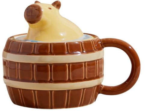 Cute 3D Capybara Coffee Mug With Lid and Handle - 450ml Ceramic Cup With Animal Print - Microwave Safe Cartoon Tea Cup for Home, Office - Novelty Gift for Girls and Boys